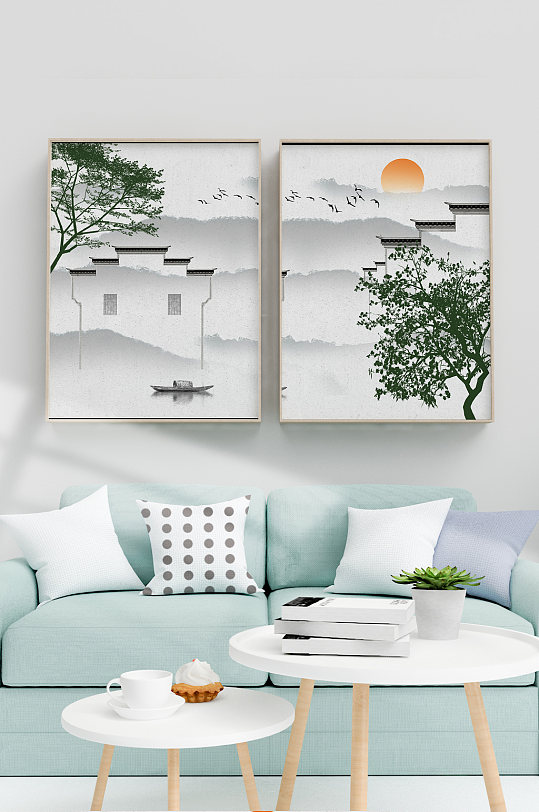 中式水墨绿植风景装饰画