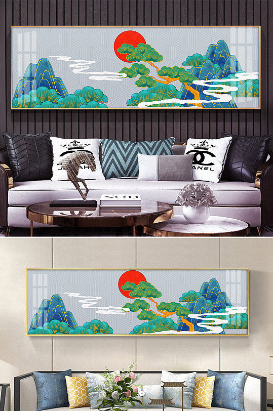 新中式鎏金青绿山水背景墙