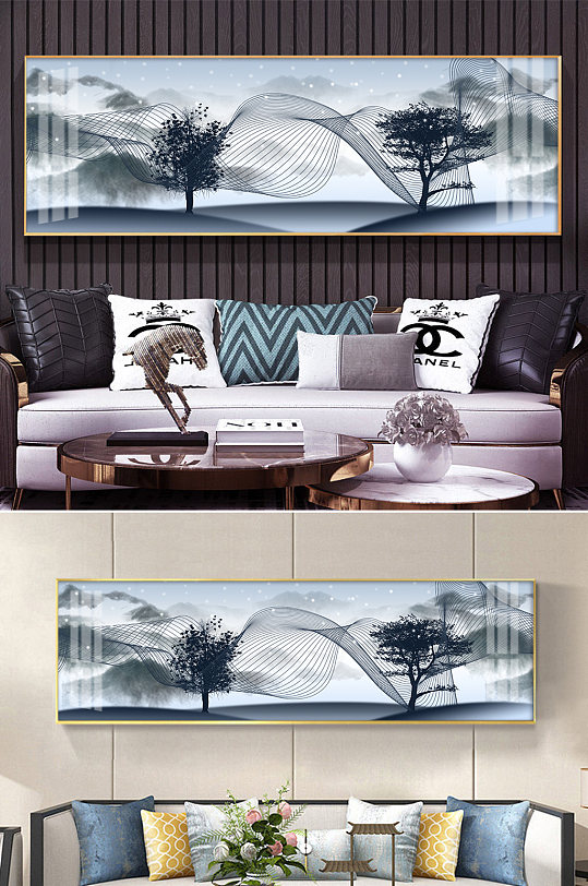 新中式横幅线条水墨山水装饰画
