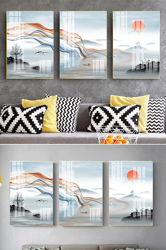 新中式线条水墨意境山水装饰画-众图网