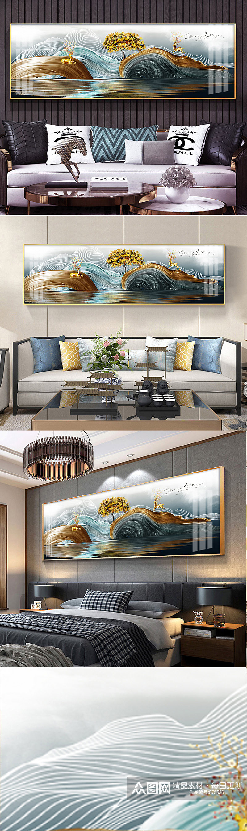 中国风鎏金线条麋鹿风景装饰画素材