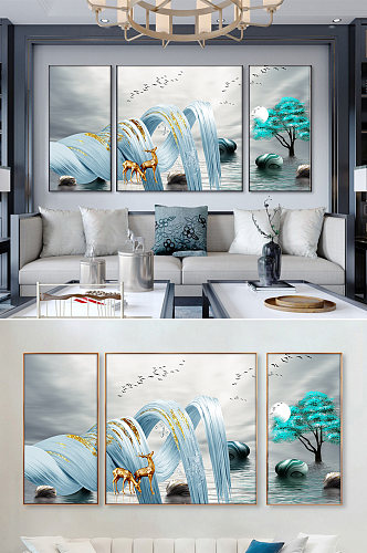 现代抽象三联客厅麋鹿金色树装饰画