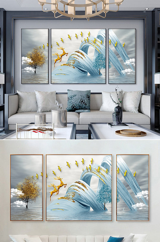 现代抽象3联客厅麋鹿金色树装饰画