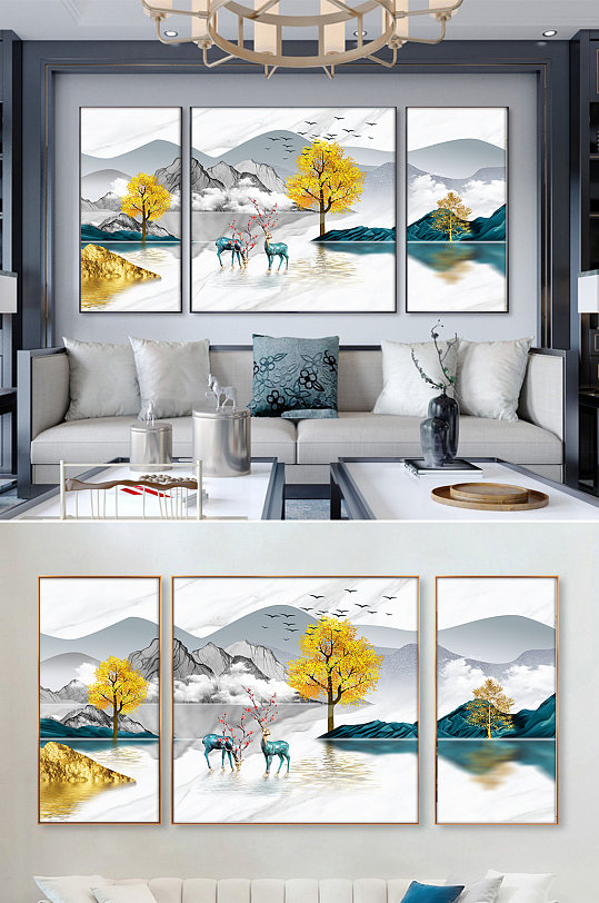 金色山水金山一鹿高升奢华客厅三联装饰画-众图网