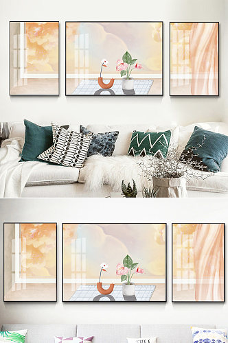 窗格主题客厅三联装饰画
