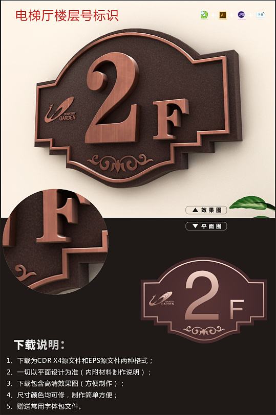 小区电梯楼层号标识导视设计 员工宿舍质感玫瑰金金色烫金门牌