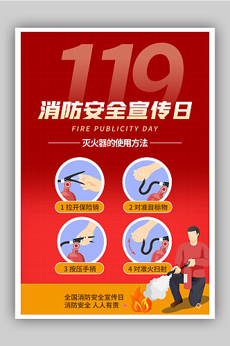 119消防日灭火器使用宣传海报