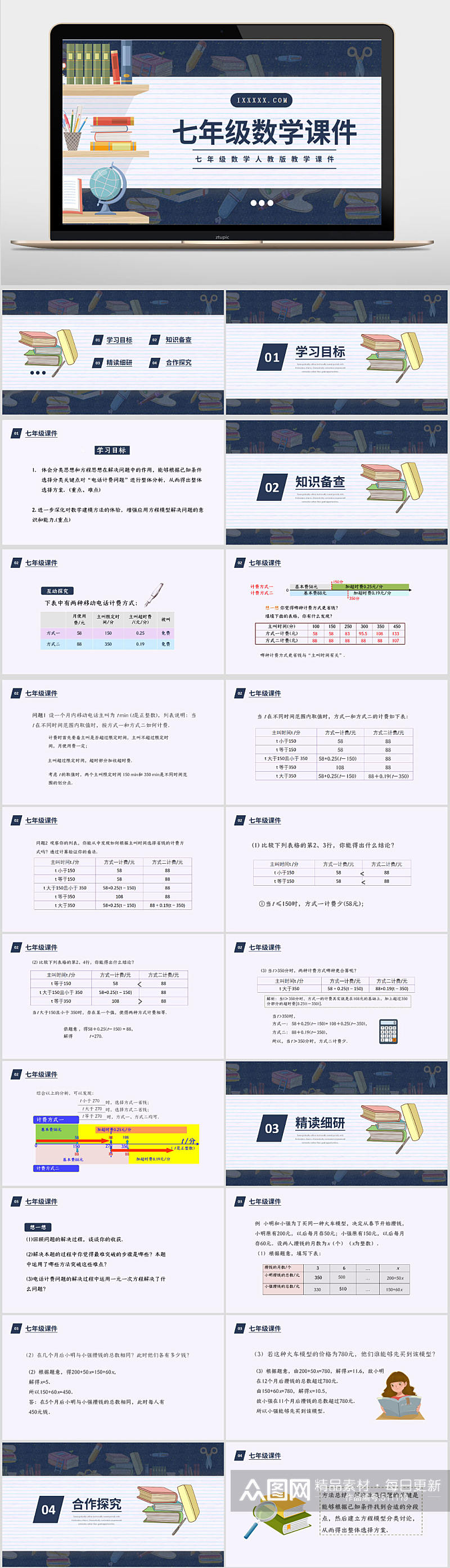 蓝色简约7年级数学课件PPT模板素材