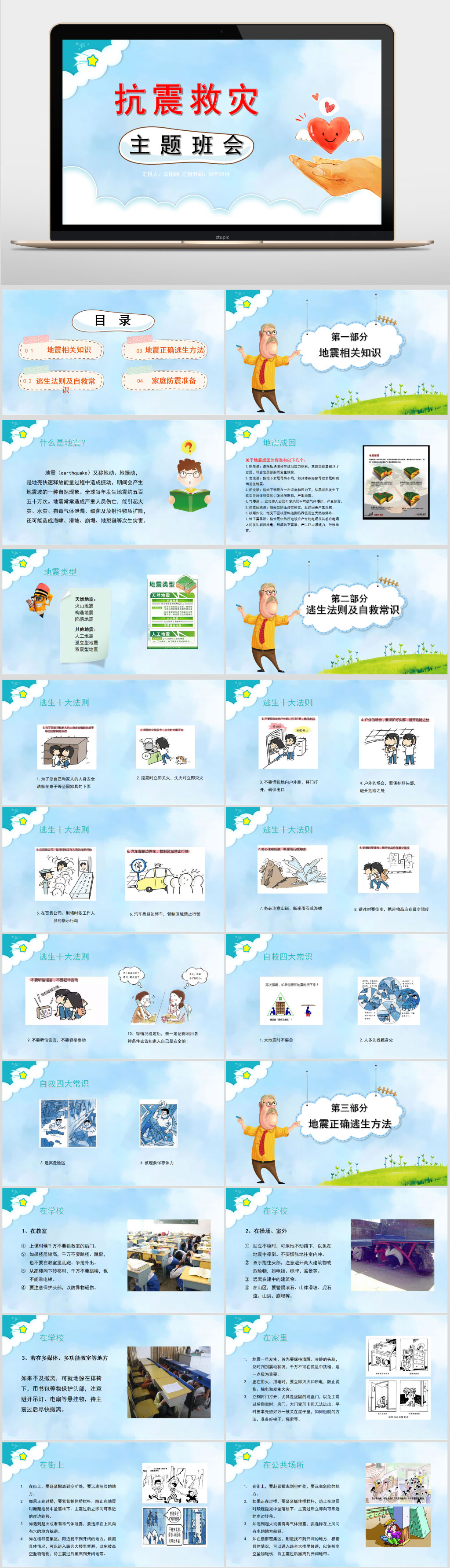 卡通地震知识抗震救灾 防灾减灾主题班会PPT模板素材