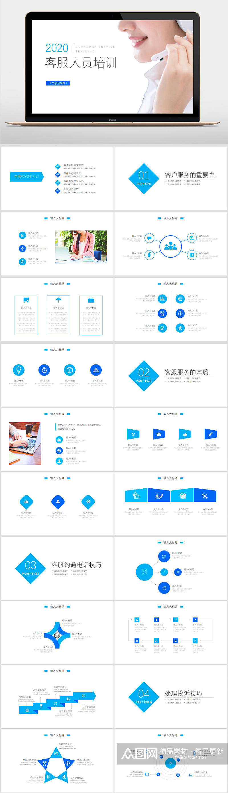 蓝色客服人员培训PPT模板素材