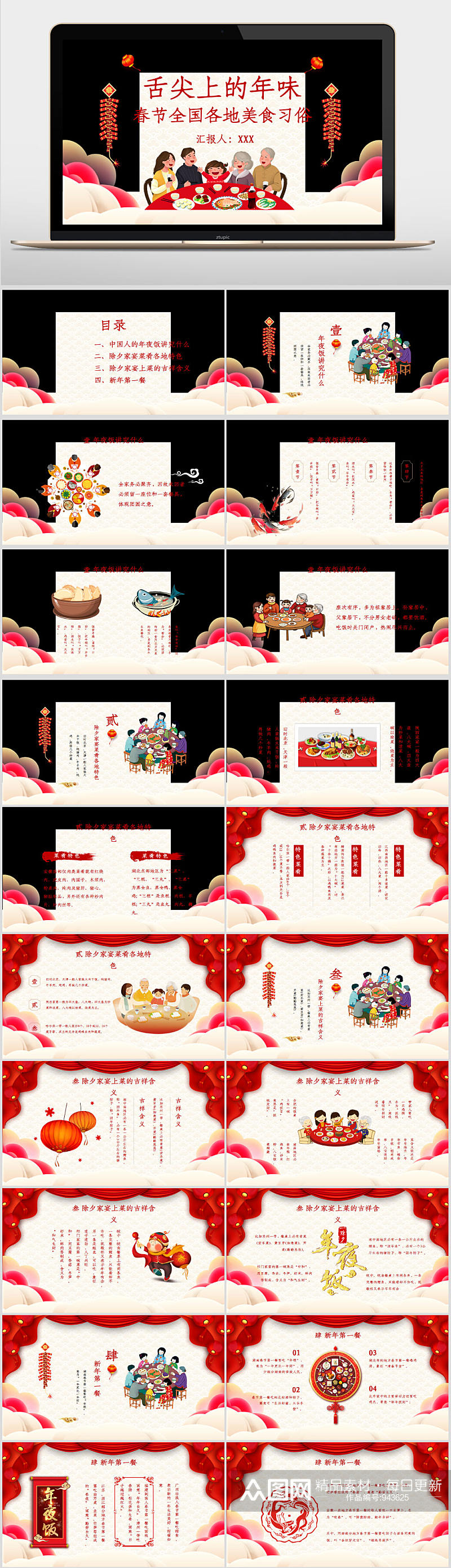 红色中国风春节美食PPT模板素材