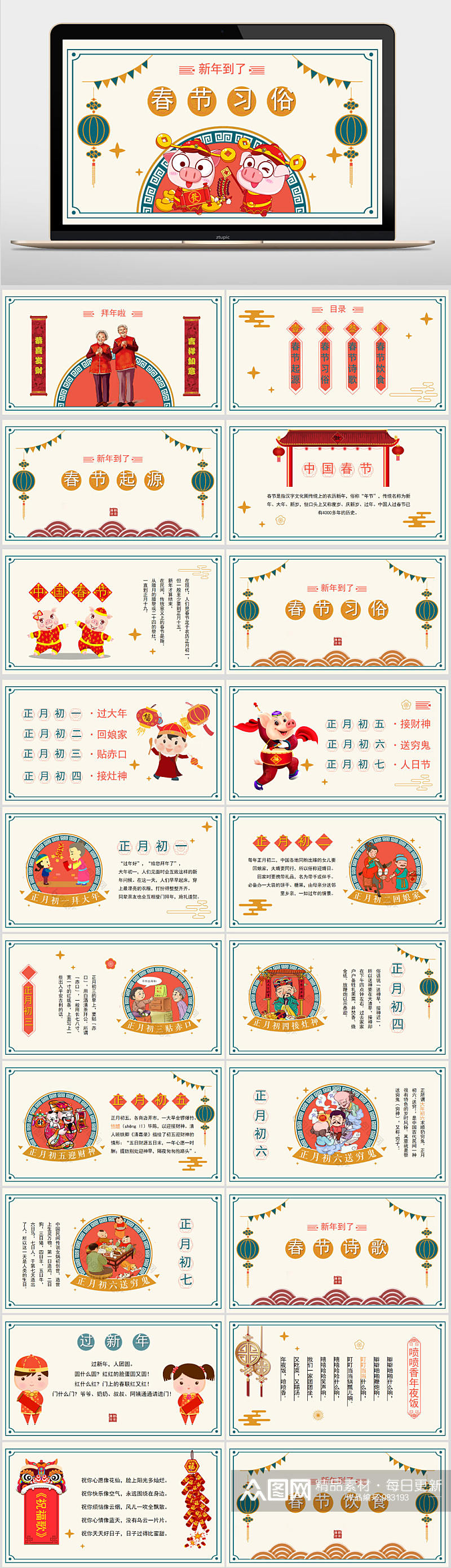 中国春节卡通风传统习俗介绍PPT模板素材
