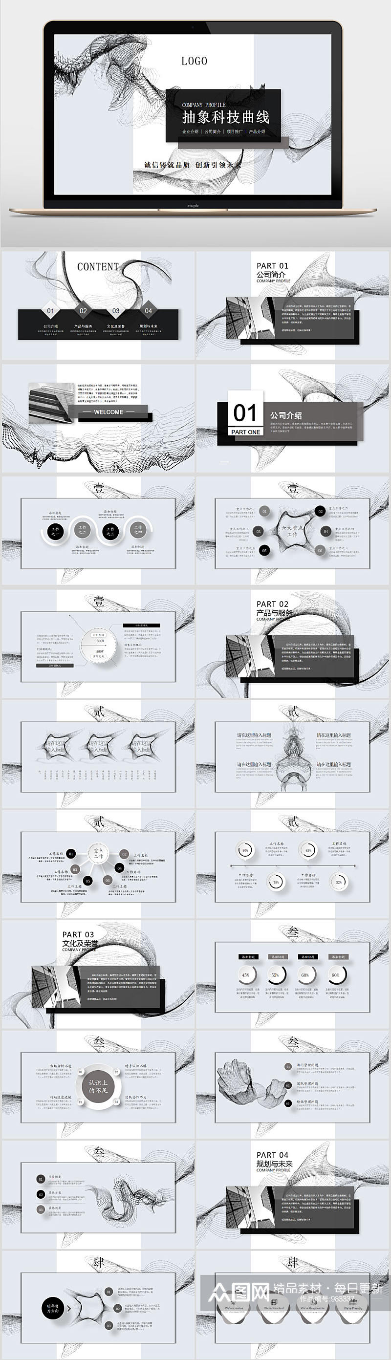 竖版抽象科技感黑白底纹曲线商务PPT模板素材