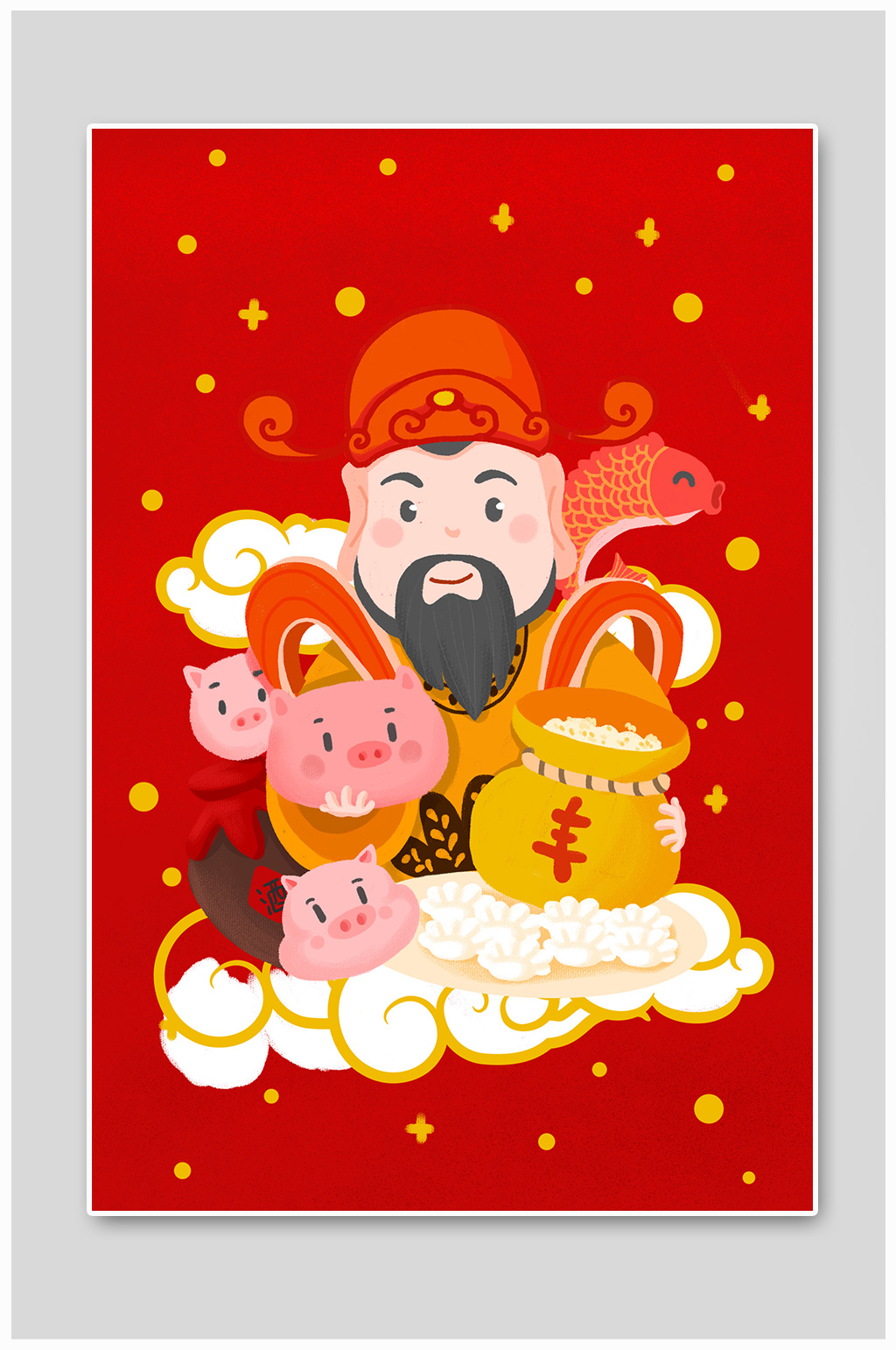 小年灶神灶王红色卡通插画素材