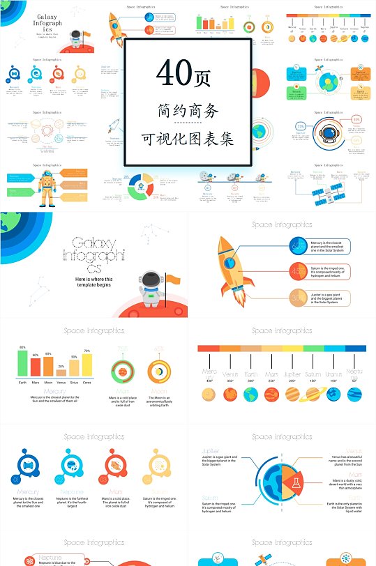 彩色宇航员40页图表合集PPT模板