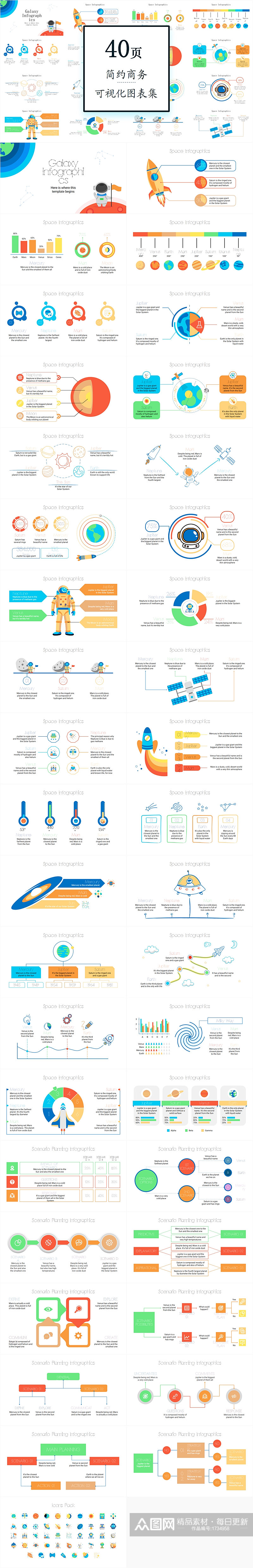 彩色宇航员40页图表合集PPT模板素材
