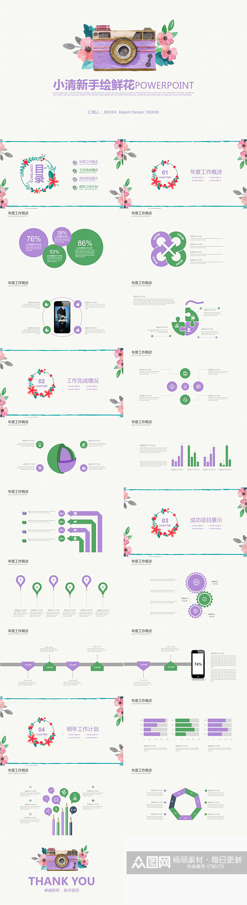 复古紫色相机小清新手绘鲜花ppt模版素材