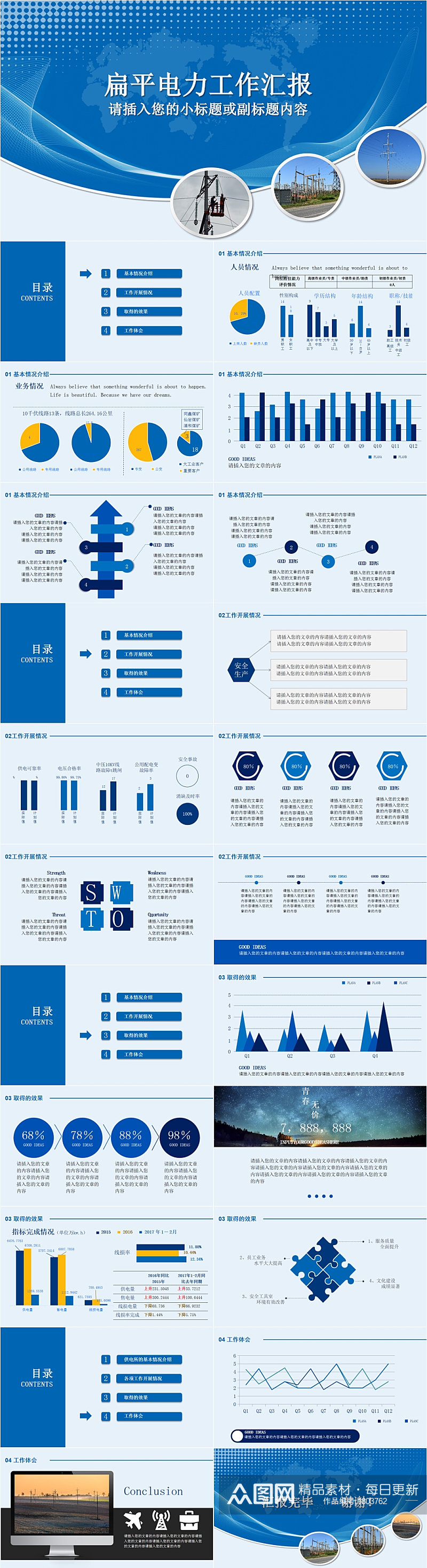 蓝色扁平电力能源工作汇报PPT素材
