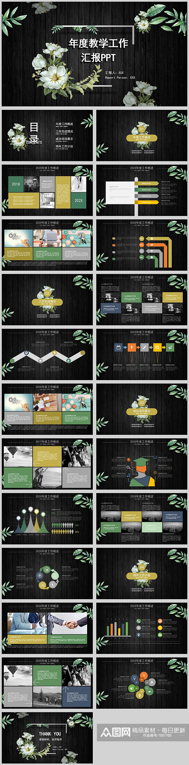 复古花卉年度教学工作汇报ppt模板素材