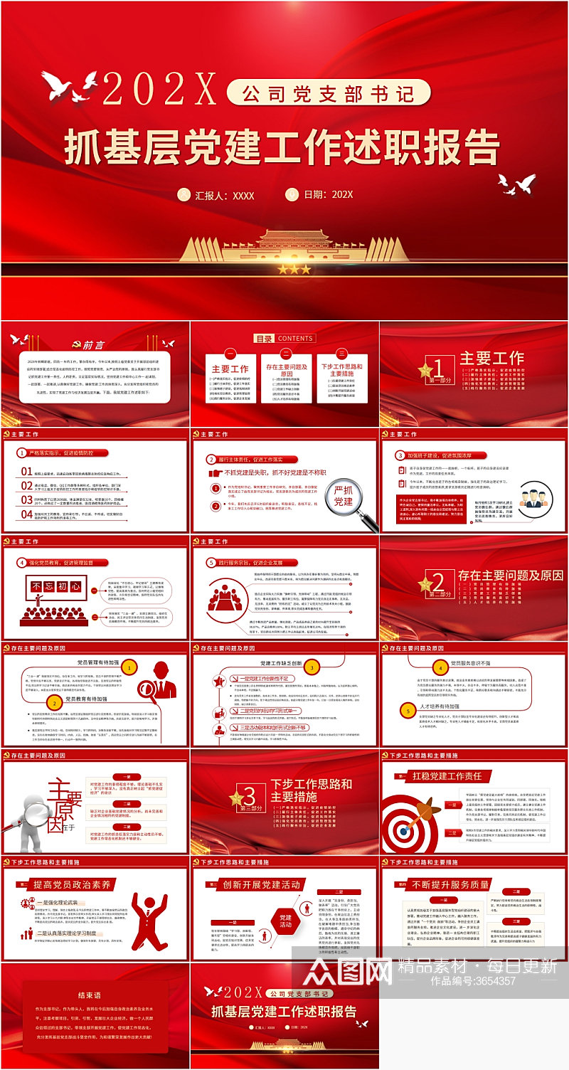 红色党建基层党建工作述职PPT模板素材