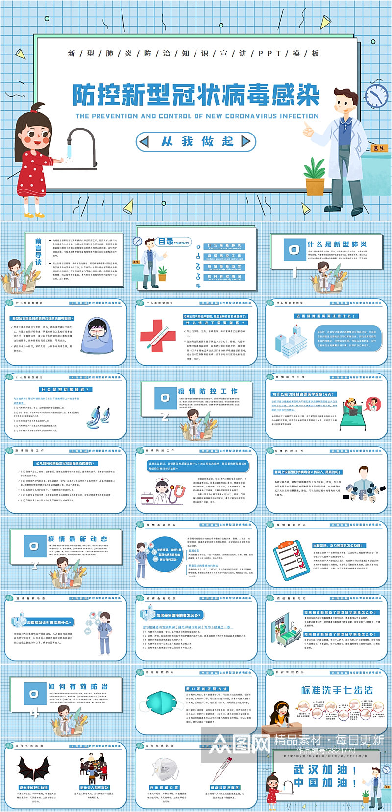 蓝色卡通防控新型冠状病毒感染PPT模板素材