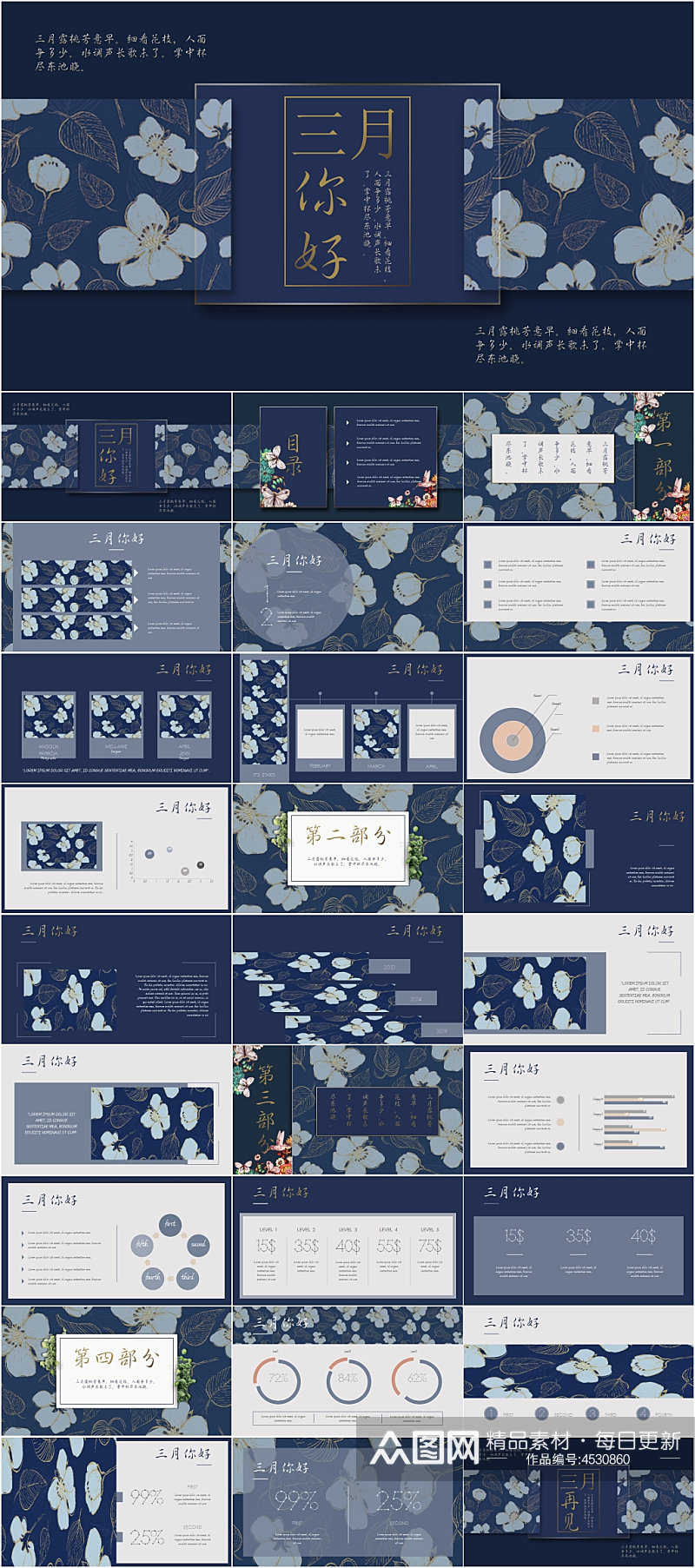 高档雅致深蓝色碎花烫金你好三月PPT模板素材