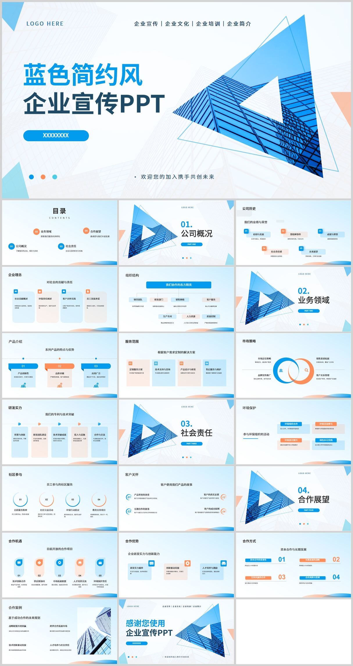 蓝色简约企业宣传培训PPT模板素材
