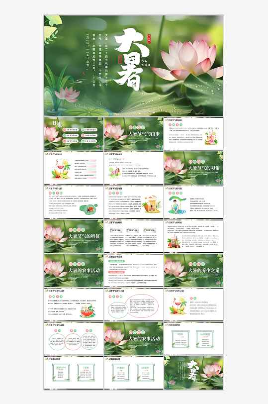 绿色大暑节气介绍PPT模板-众图网