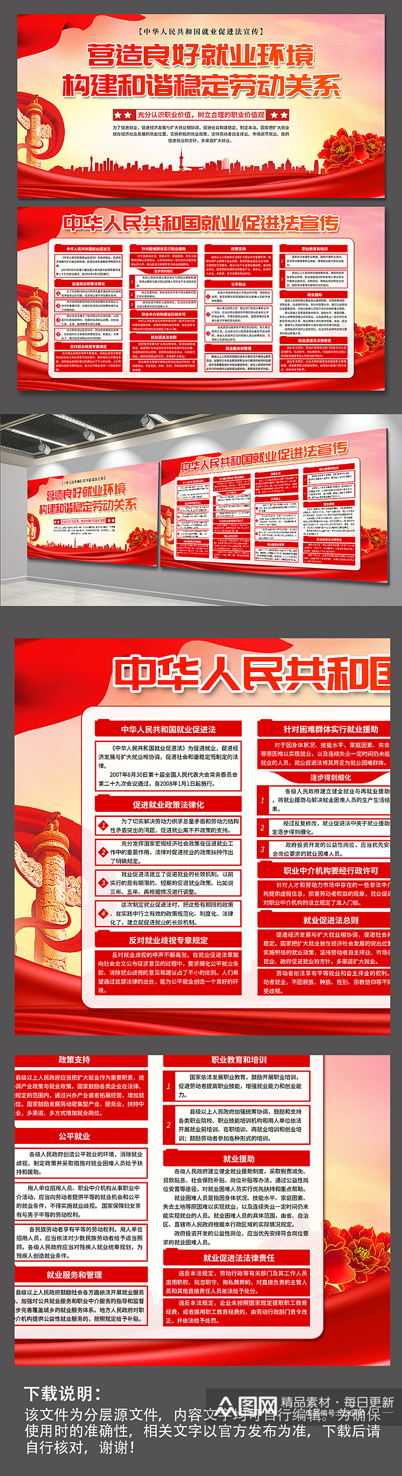 红色中华人民共和国就业促进法党建展板素材