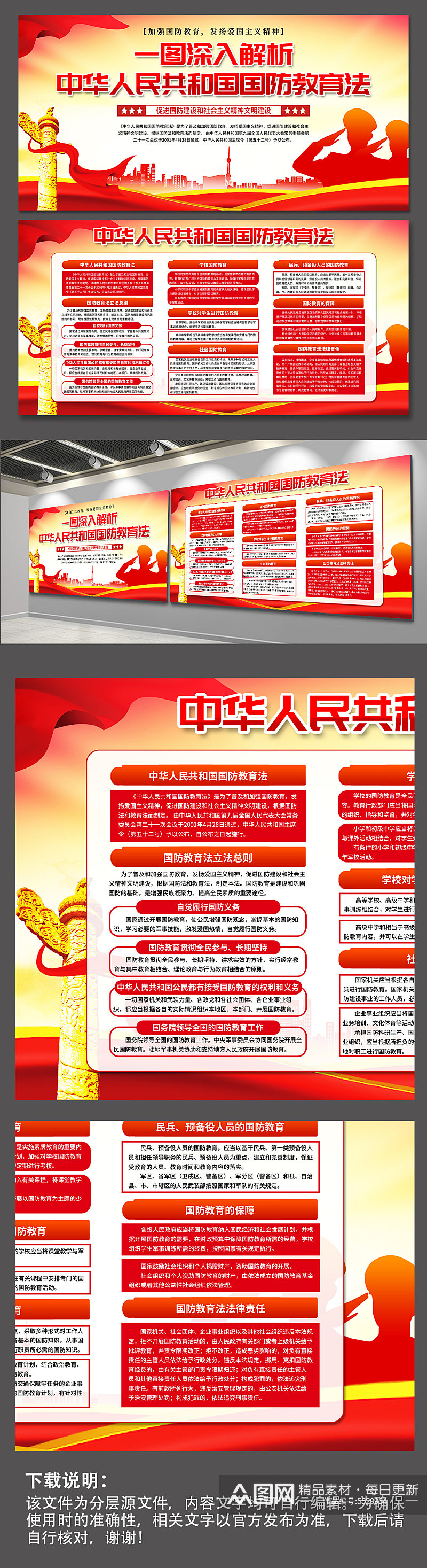 高档中华人民共和国国防教育法党建展板素材