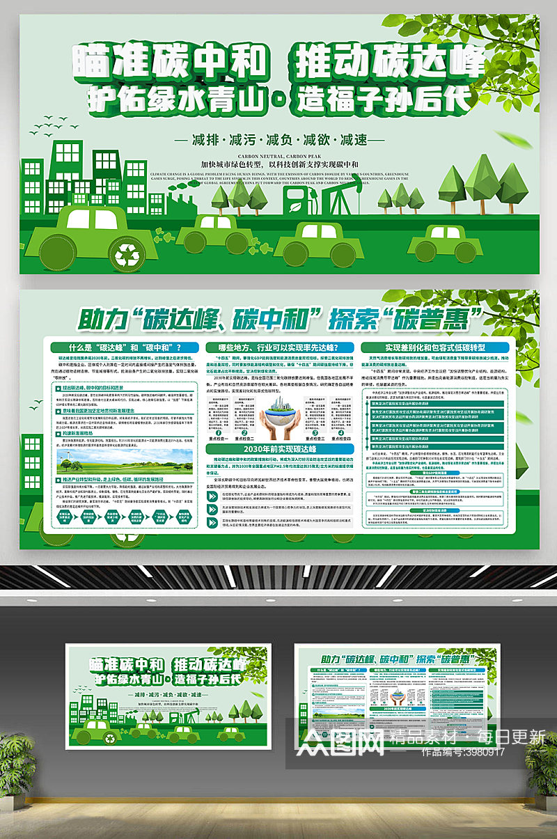 绿色贯彻碳中和碳达峰宣传栏素材
