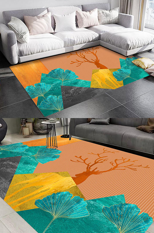 北欧风几何麋鹿叶子地毯-众图网