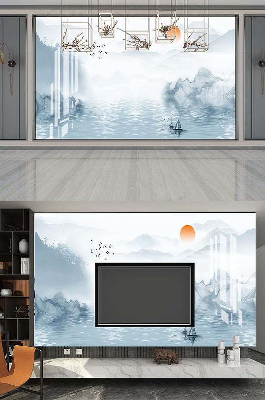 新中式山水电视背景墙-众图网