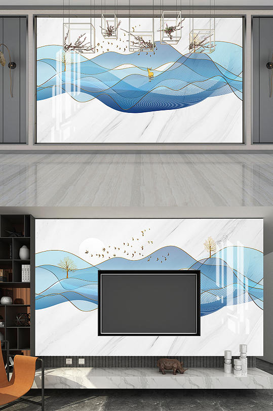 抽象线条意境山水背景墙-众图网