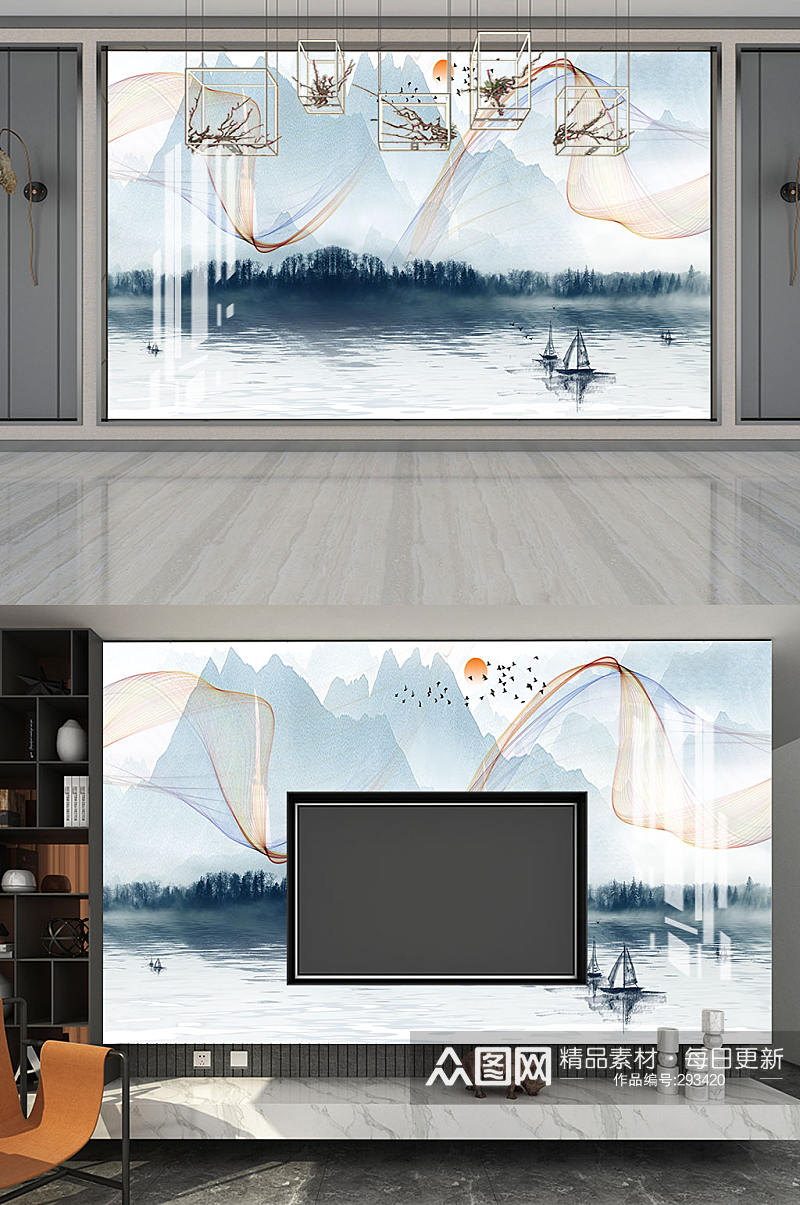 新中式山水电视背景墙素材