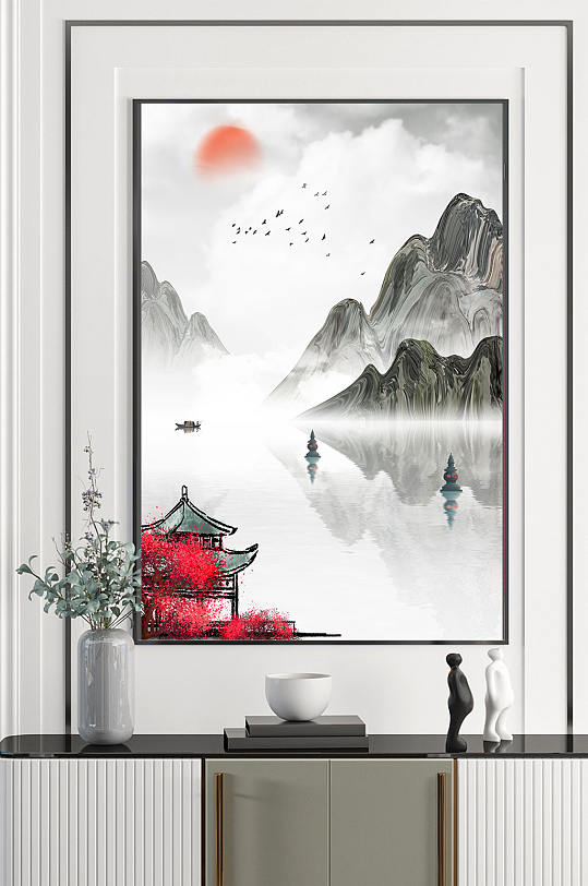 蓝色意境水墨山水风景画-众图网