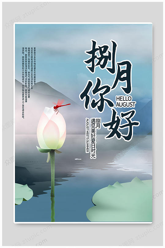 清新荷花八月你好海报