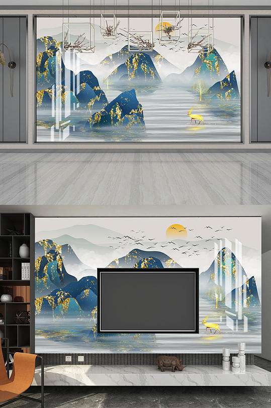 新中式抽象轻奢蓝金山水背景墙