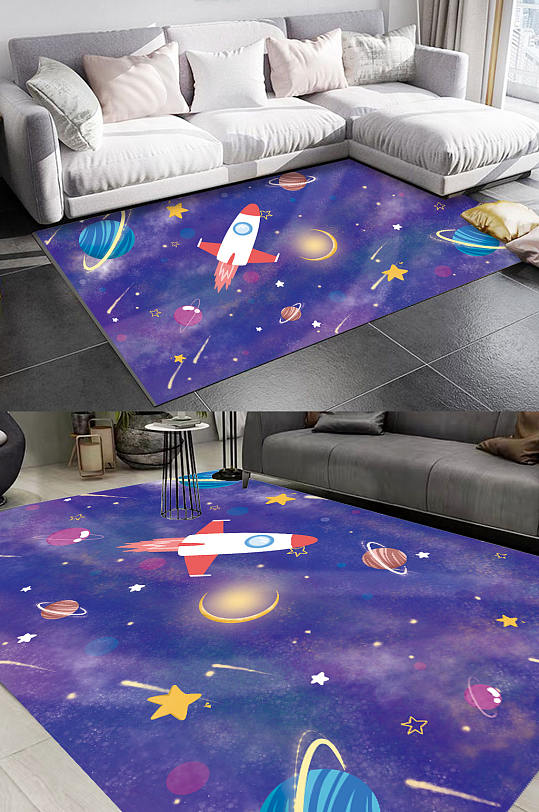 卡通宇宙飞船星空地垫星球地毯-众图网
