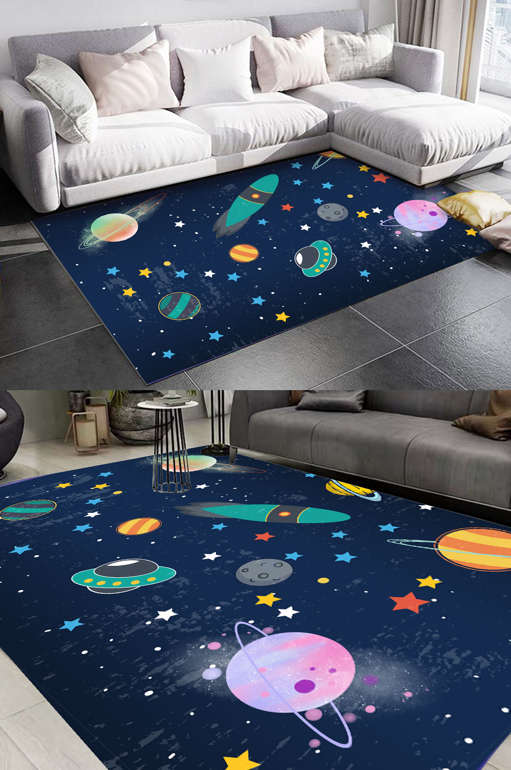 手绘卡通宇宙飞船星空地垫素材