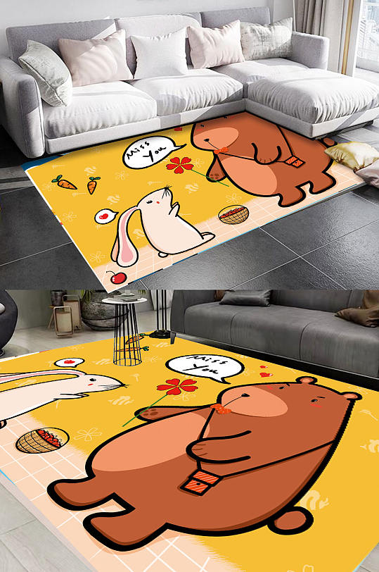 卡通风格门垫地毯熊和兔子可爱