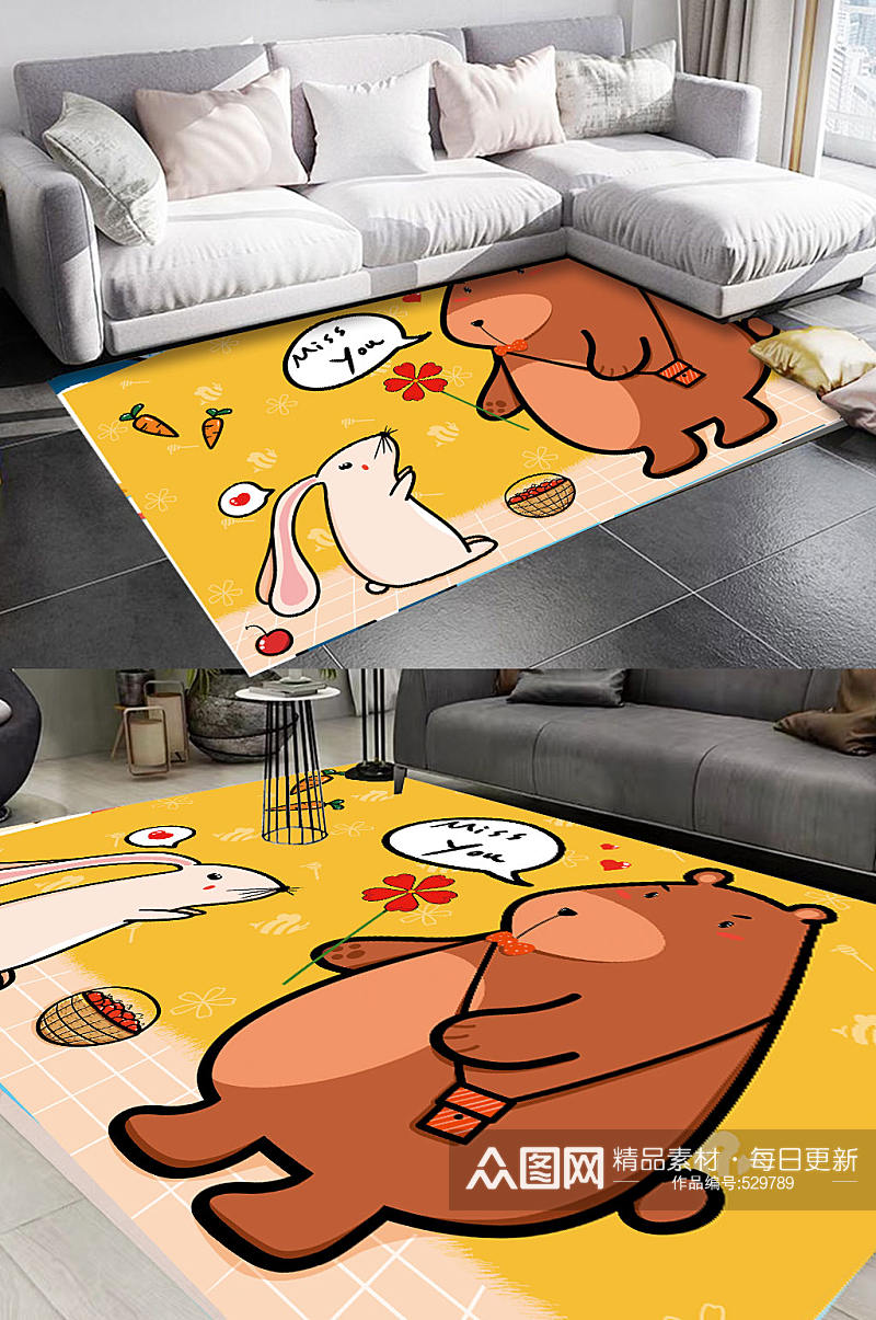 卡通风格门垫地毯熊和兔子可爱素材