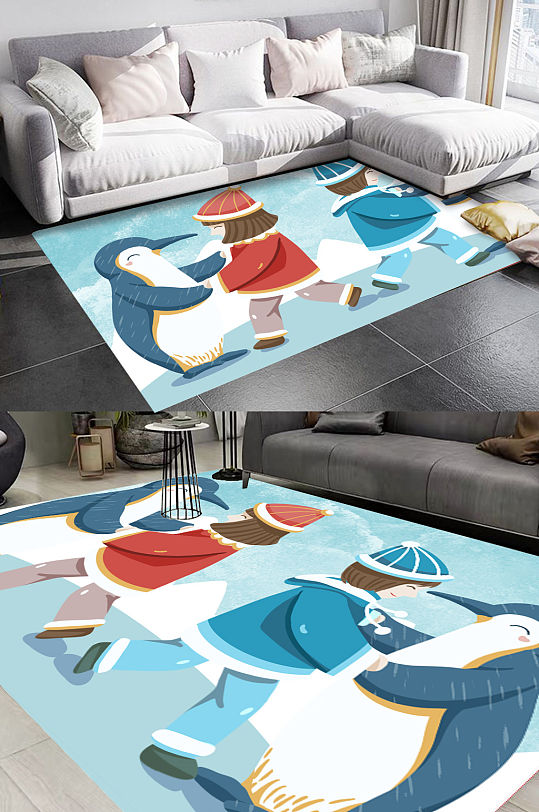 可爱卡通小清新跳舞的小孩和企鹅 地毯-众图网