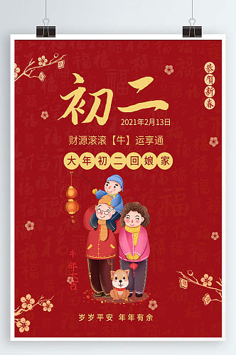 中国风牛年新年春节大年初二回娘家海报