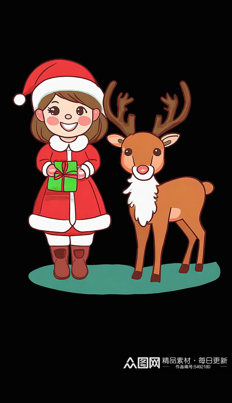 圣诞女孩和鹿的元素图片素材