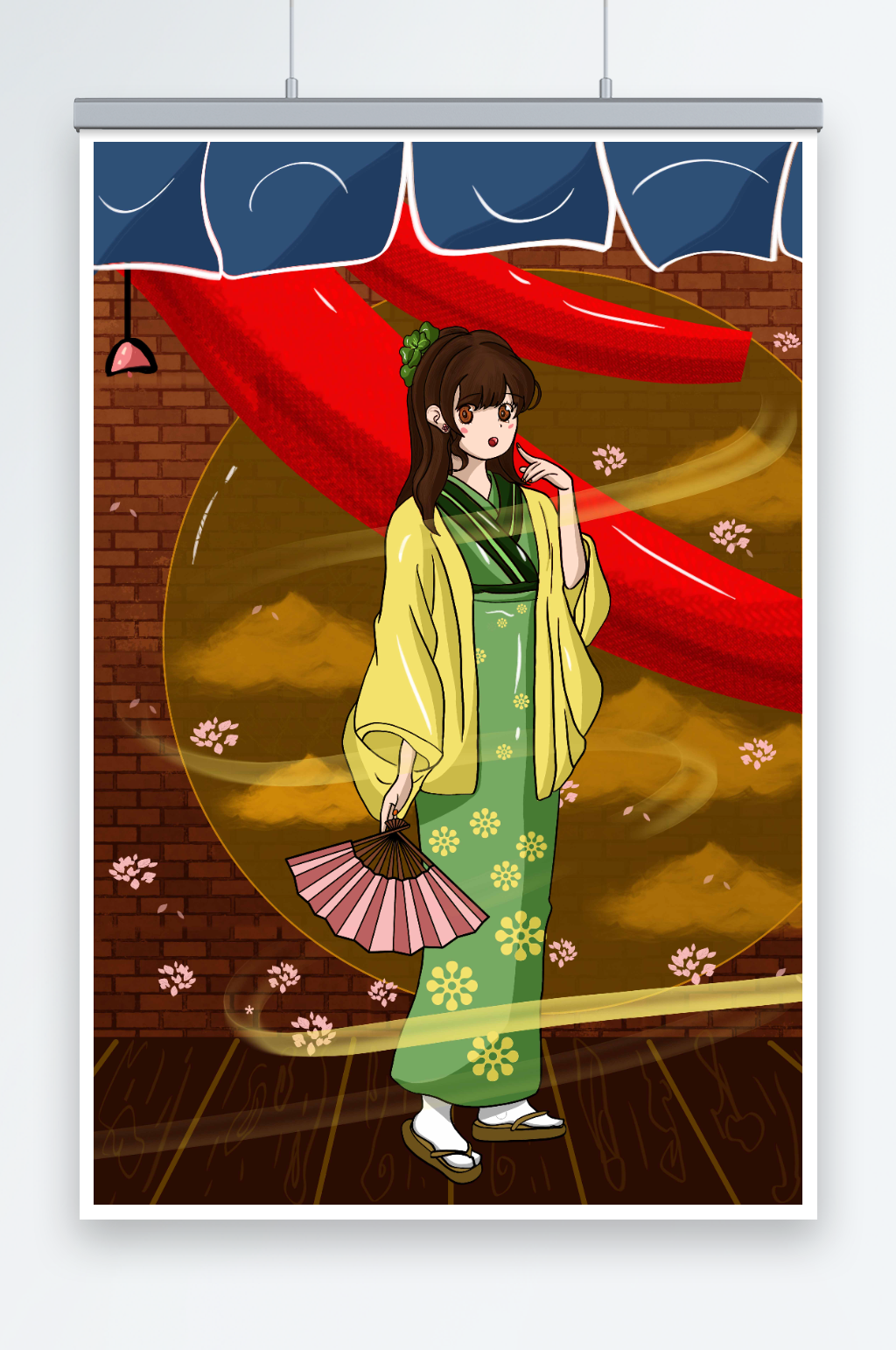 手绘日本风情和服人物插画素材
