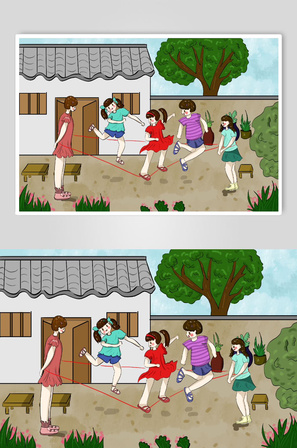 跳皮筋复古儿童节玩游戏人物插画素材
