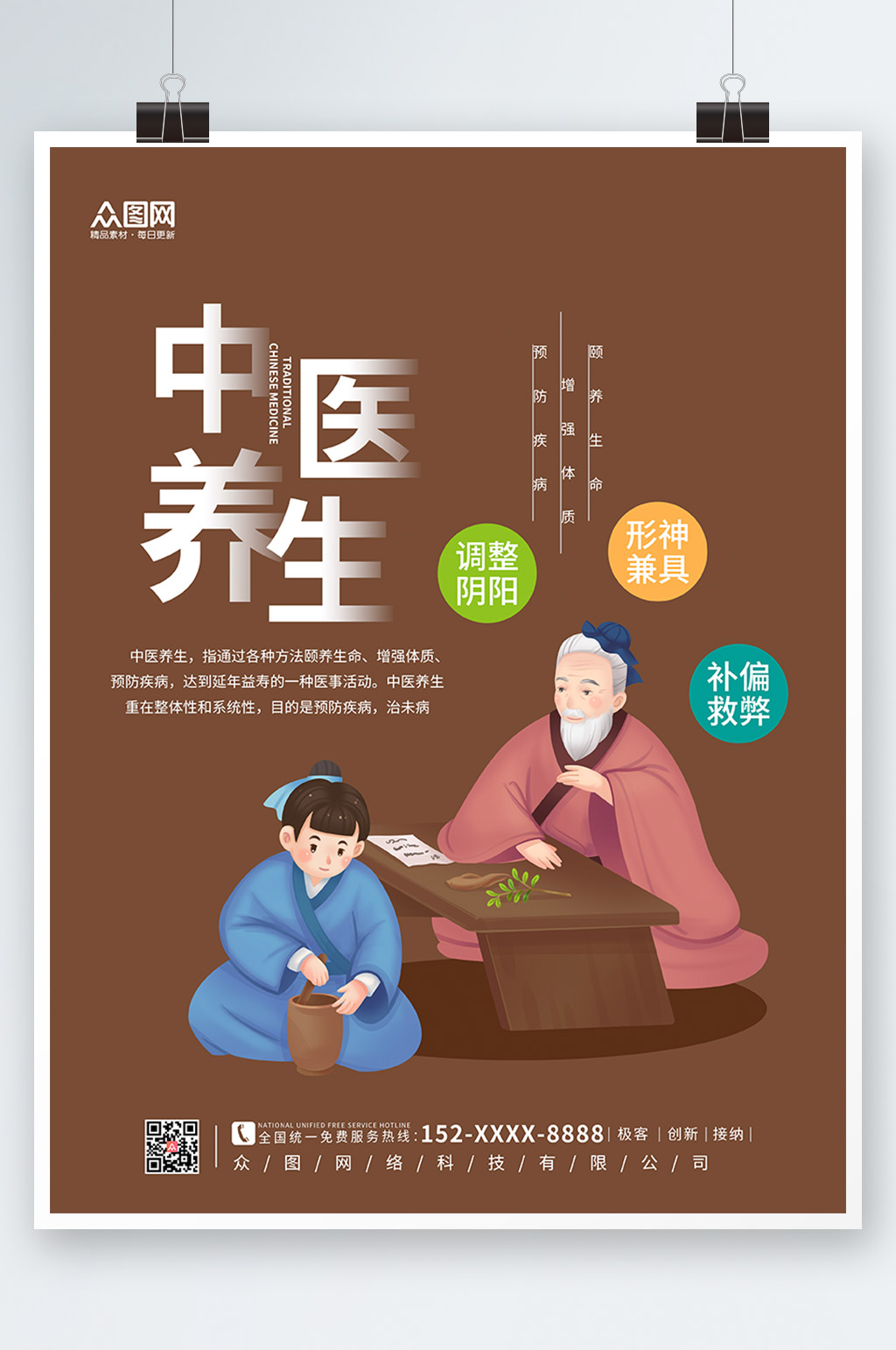 黄色简约中医养生文化海报素材