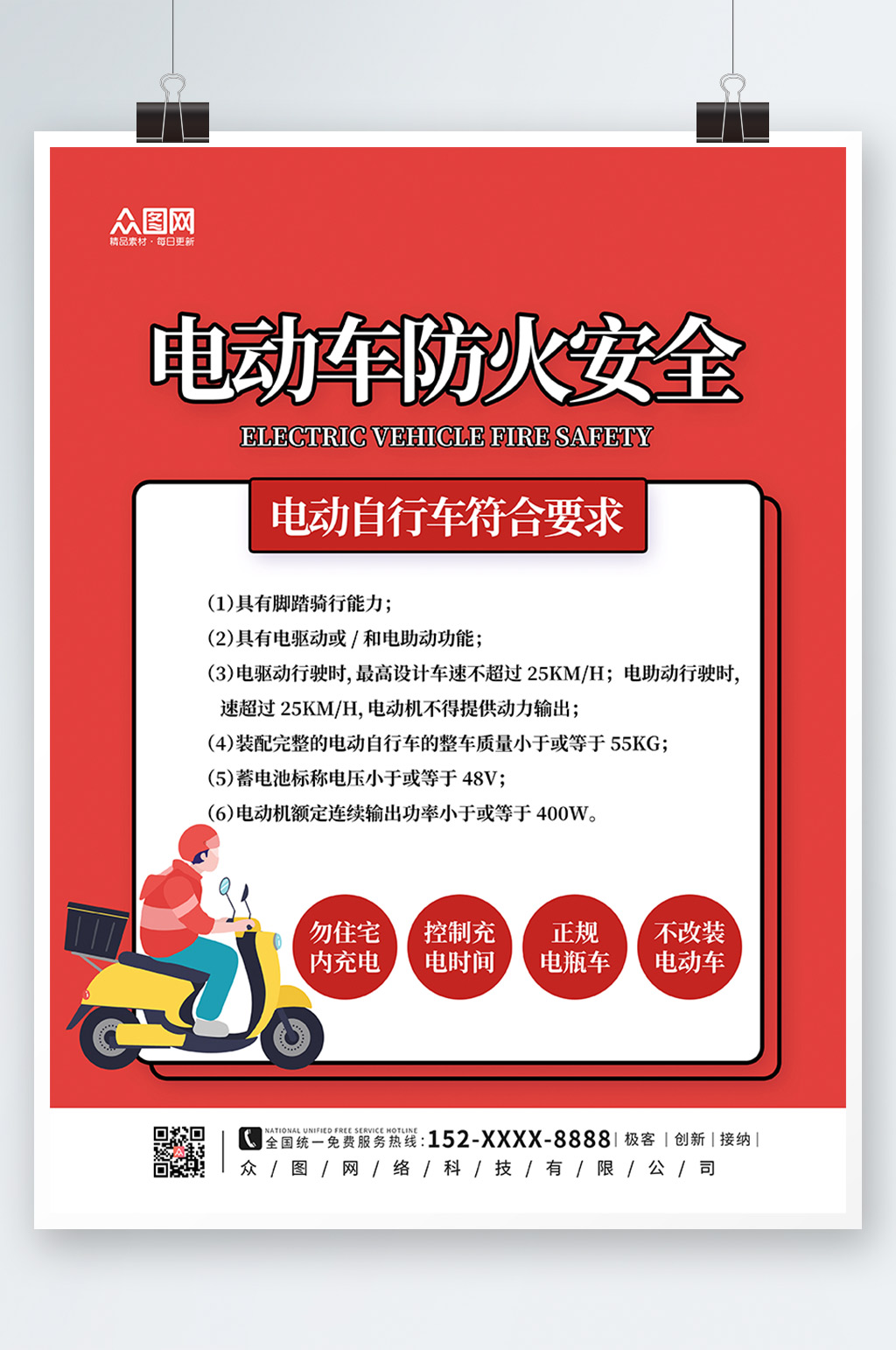 红色孟菲斯电动车防火安全海报素材