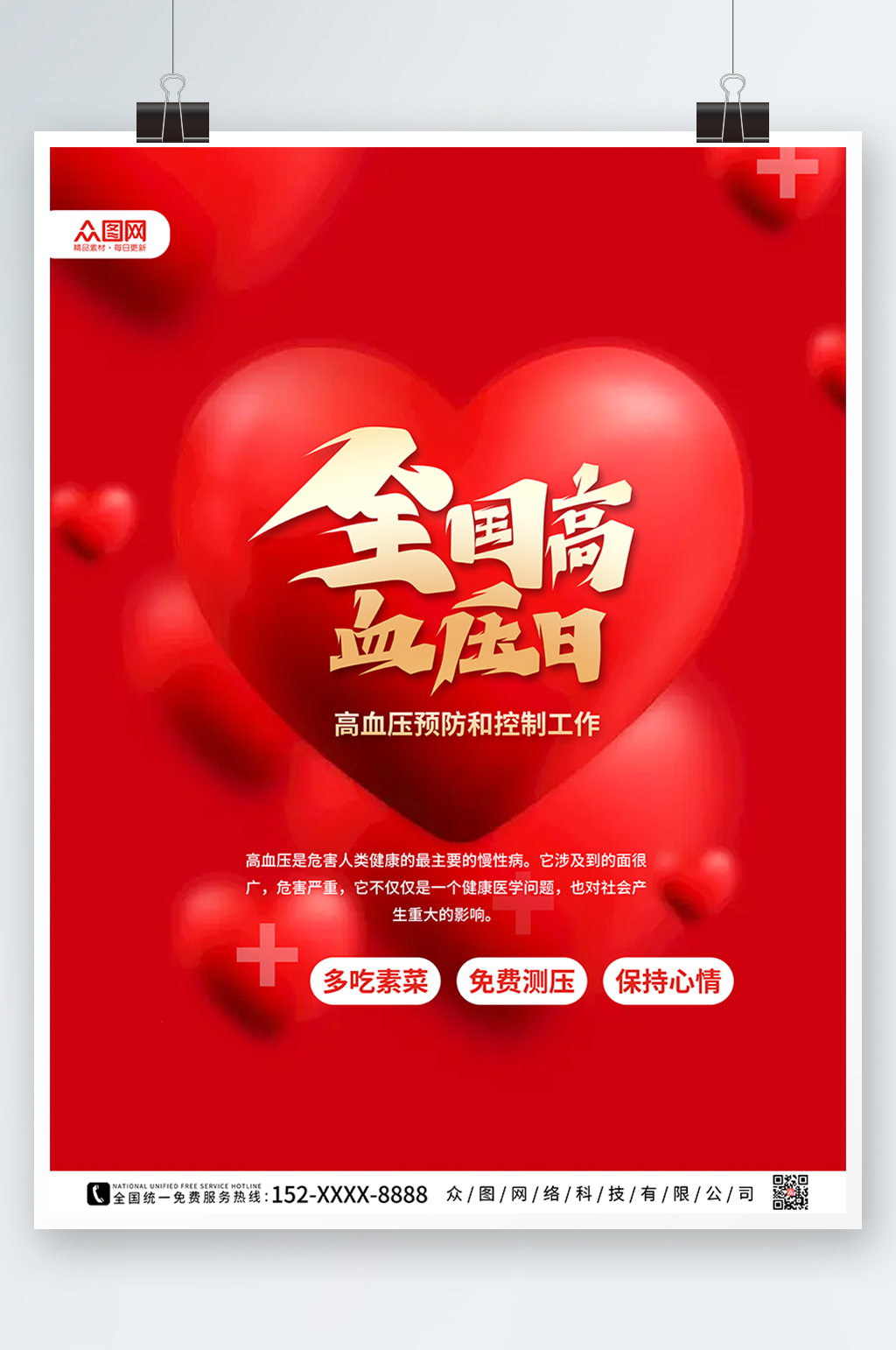 红色时尚全国高血压日海报素材